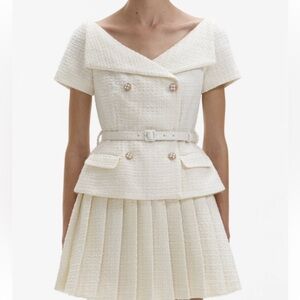 CREAM BOUCLE PLEATED MINI DRESS